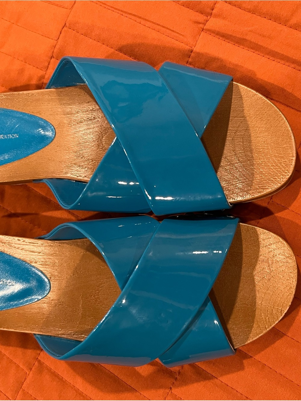 BCBG Blue Patent Slide Sandals for Women